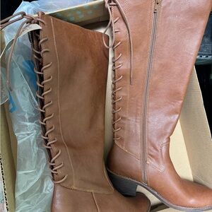 Stylish Tan Lace-Up Knee-High Boots